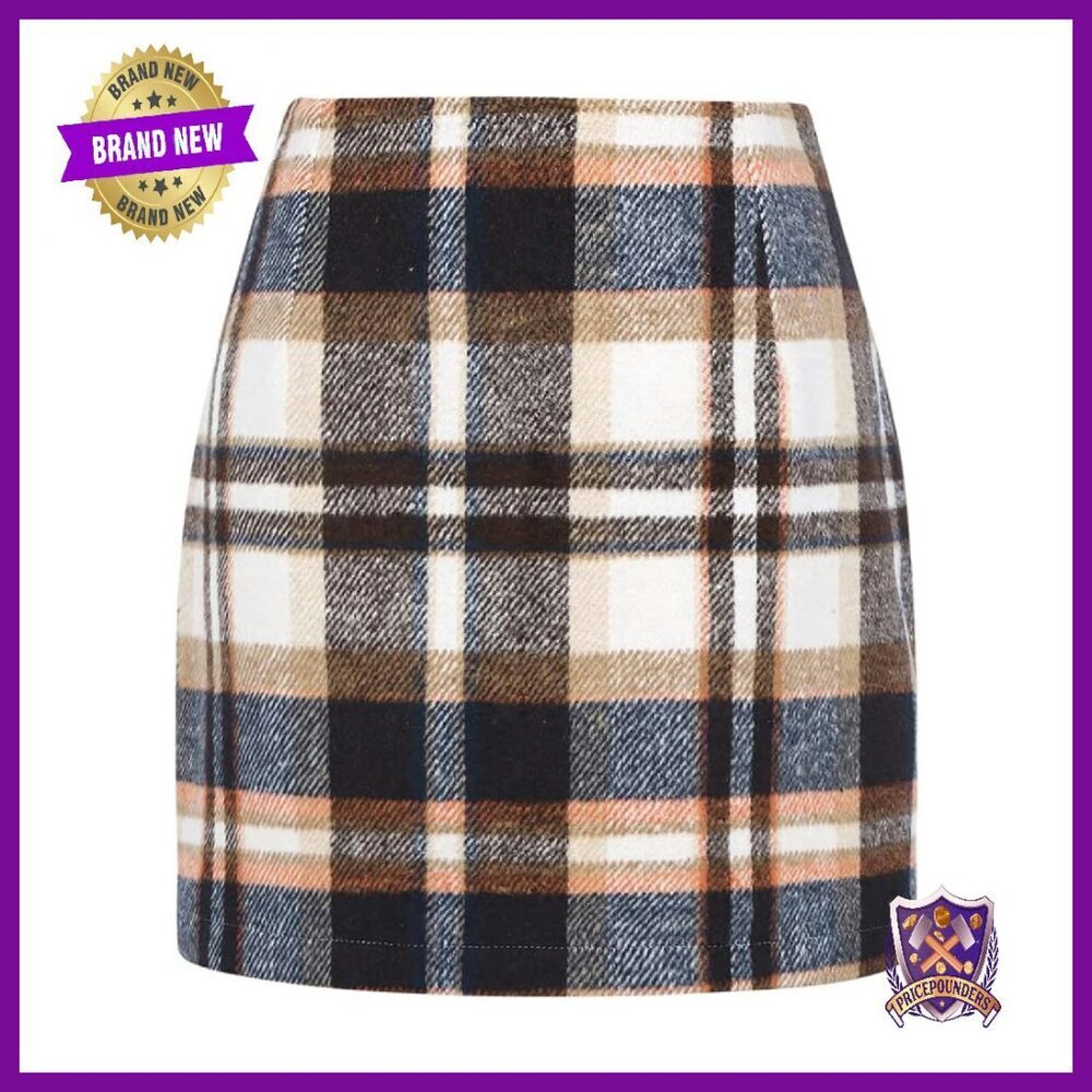 High Waisted Plaid Mini Skirt Bodycon Fit Elastic Waist Above Knee